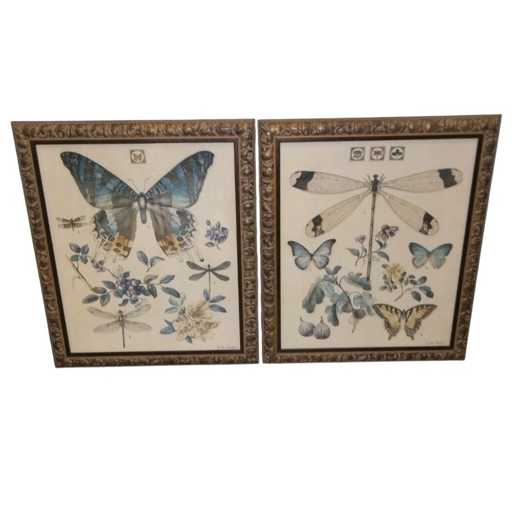 Spring Harmony Lisa Audit Botanical Art Set 25x21 Framed Butterfly Dragonfly